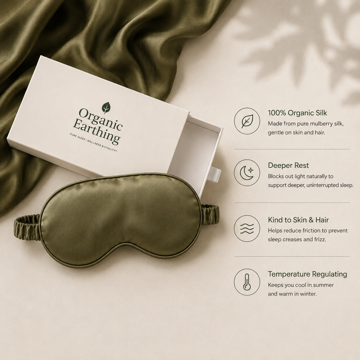 Organic Silk Eye Mask (Olive) | 100% 22MM Mulberry Silk