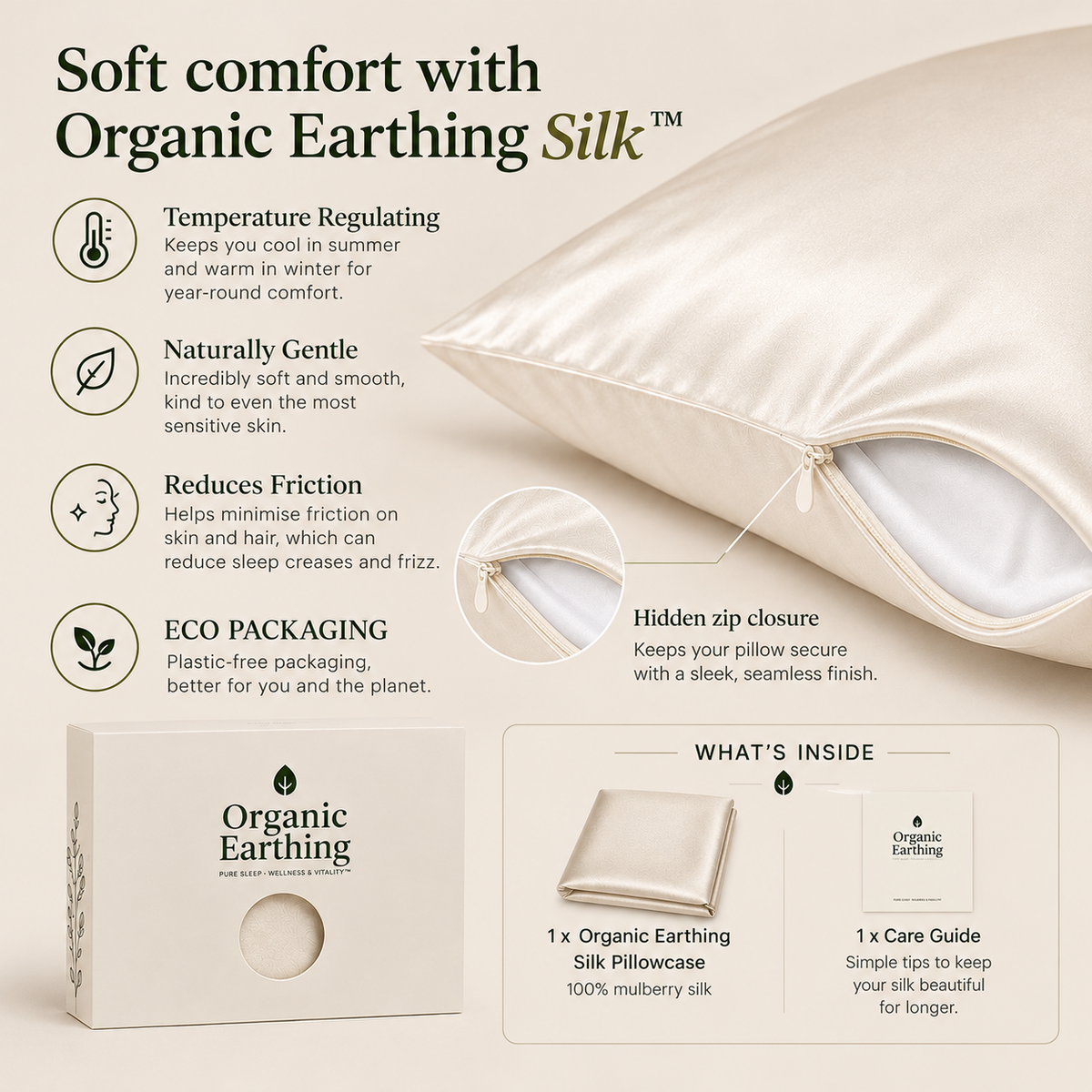 Organic Silk Pillowcase (Natural White) | 100% 22MM Mulberry Silk