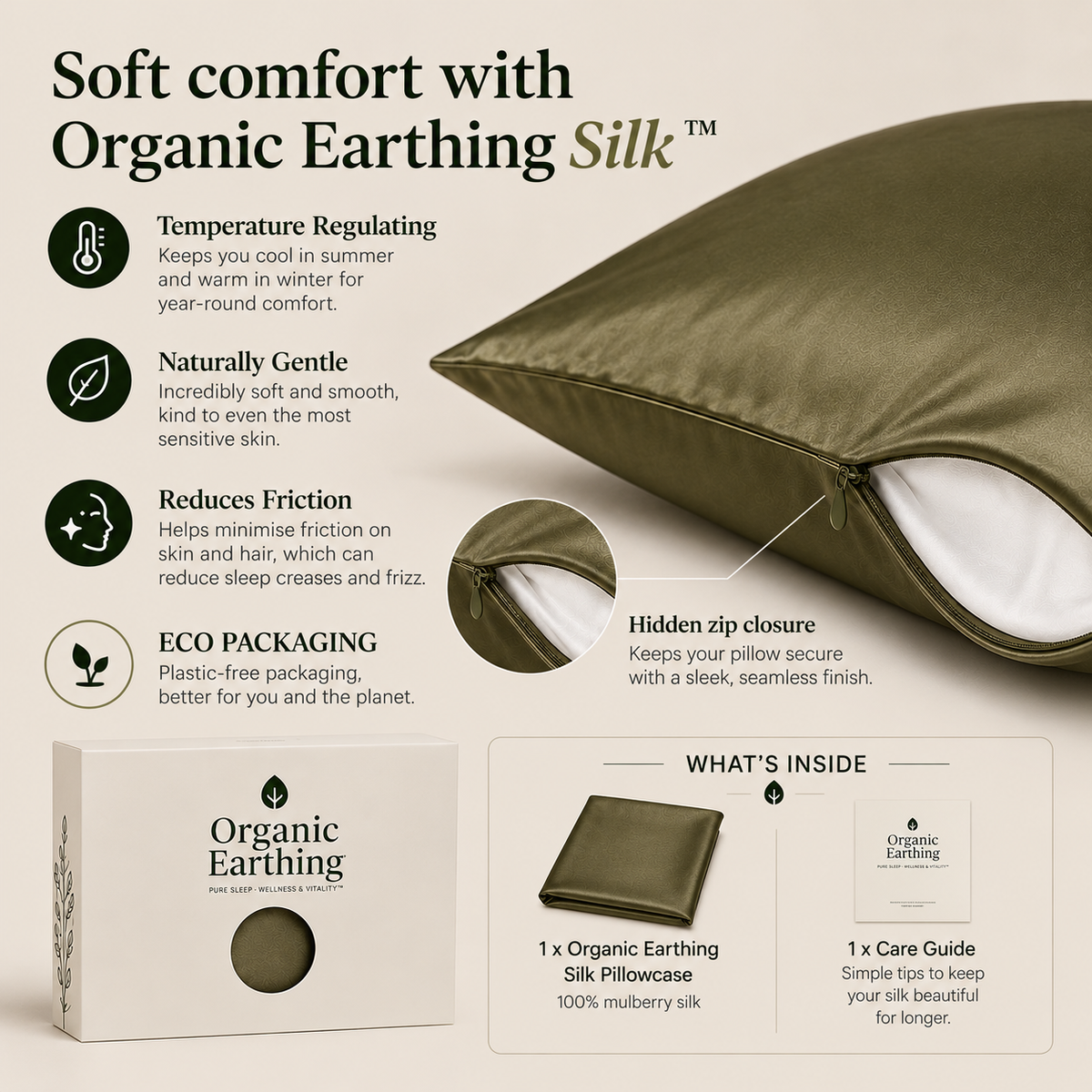 Organic Silk Pillowcase (Olive Green) | 100% 22MM Mulberry Silk