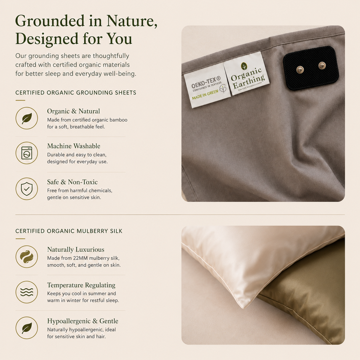 Organic Grounding Sleep Bundle for Better Sleep | Earthing Sheet + Silk Pillowcase & Eye Mask | Full Sleep Set