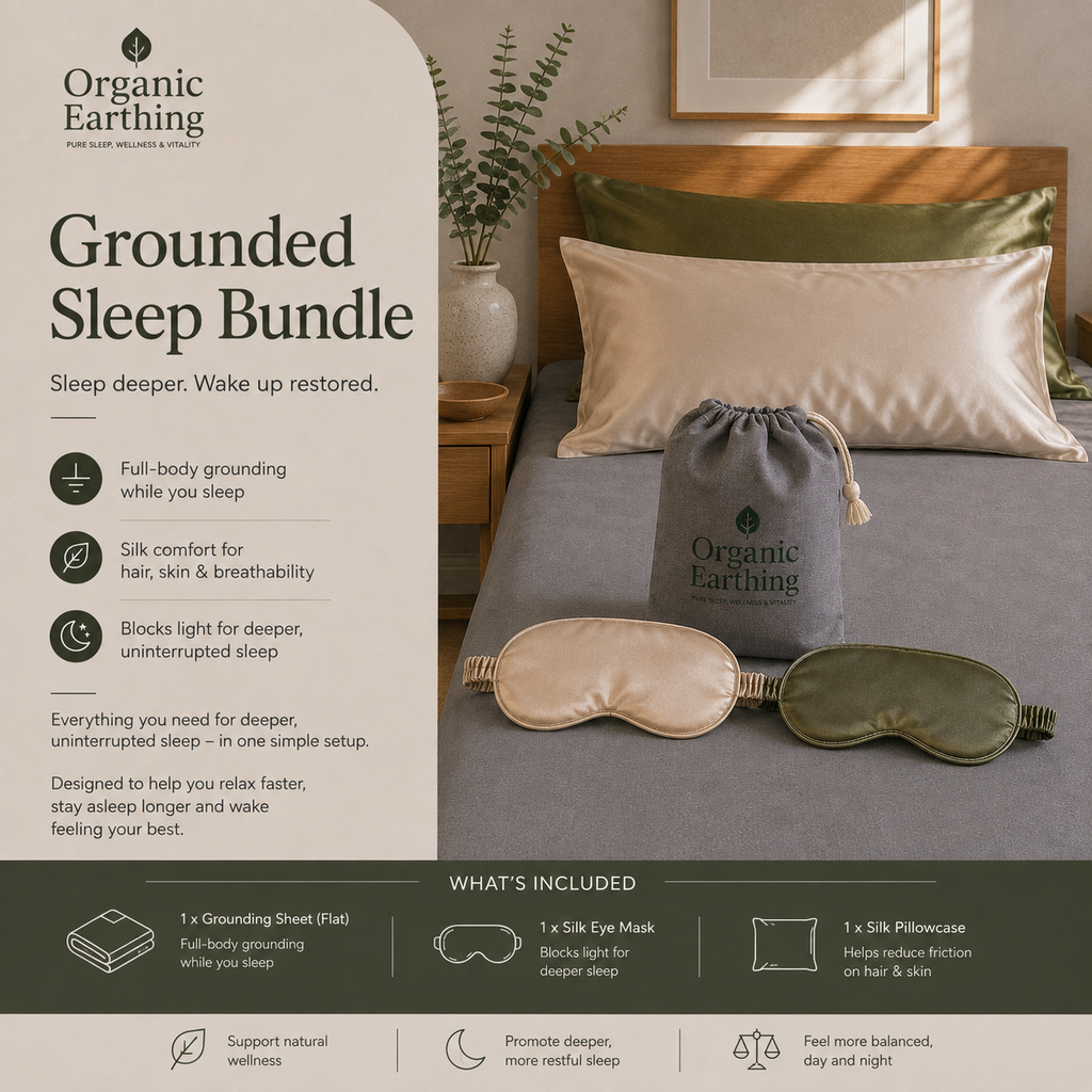 Organic Grounding Sleep Bundle for Better Sleep | Earthing Sheet + Silk Pillowcase & Eye Mask | Full Sleep Set